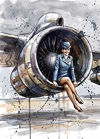 Stewardess Sitting on Jet Engine