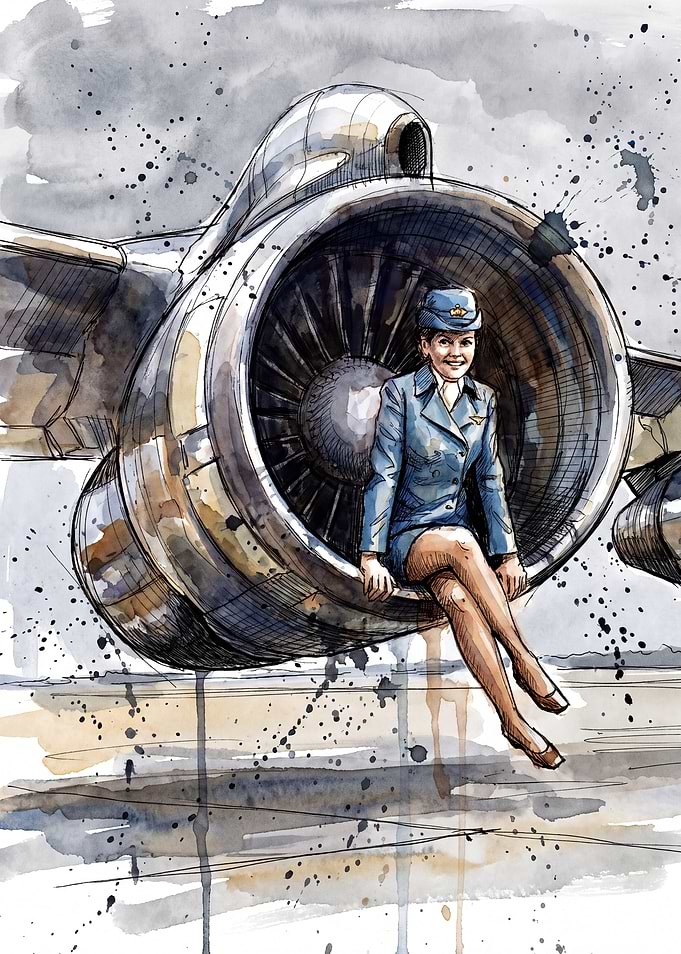 Stewardess Sitting on Jet Engine