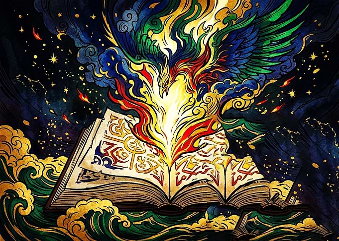 Magical Phoenix Rising from Ancient Book