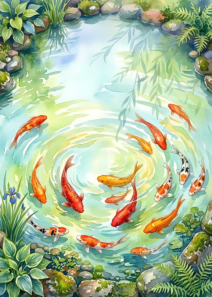 Watercolor Koi Pond with Vibrant Fish