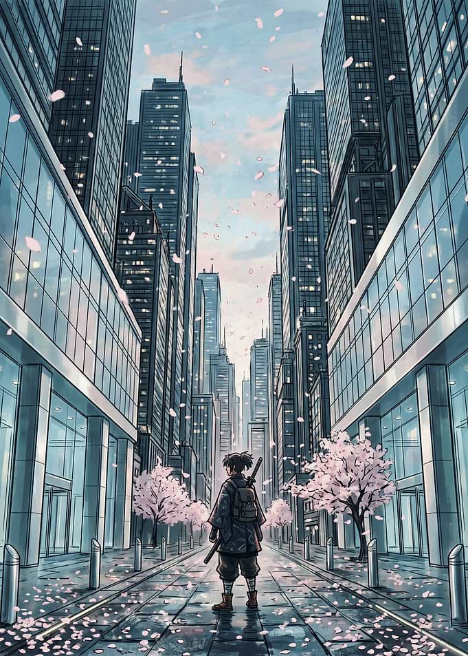 Samurai standing in modern city street