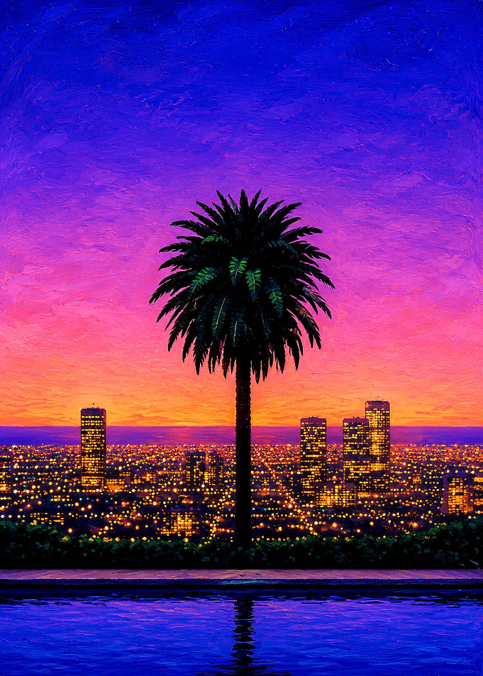 Palm Tree Overlooking City Sunset