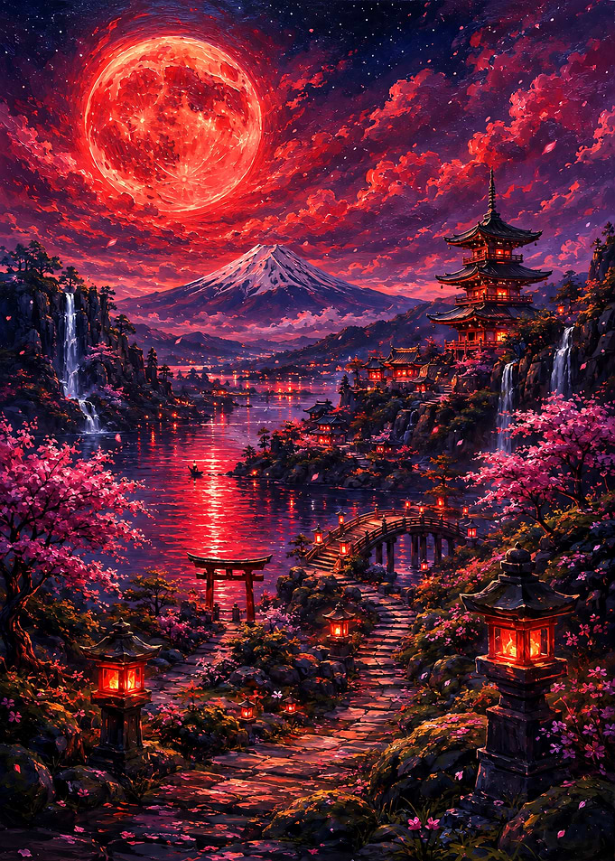 Red Moon Over Japanese Temple Landscape