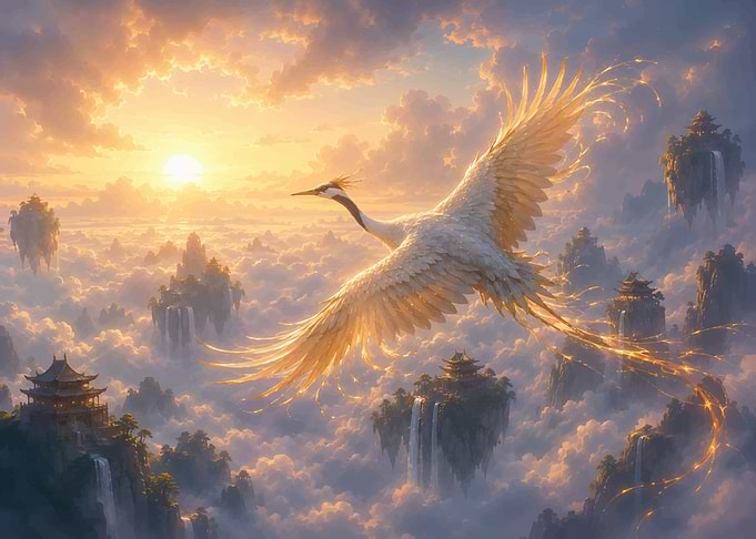 Golden Crane Flying Over Floating Islands