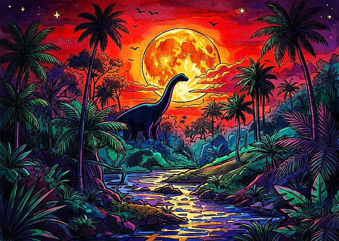 Dinosaur in a Neon Tropical Jungle