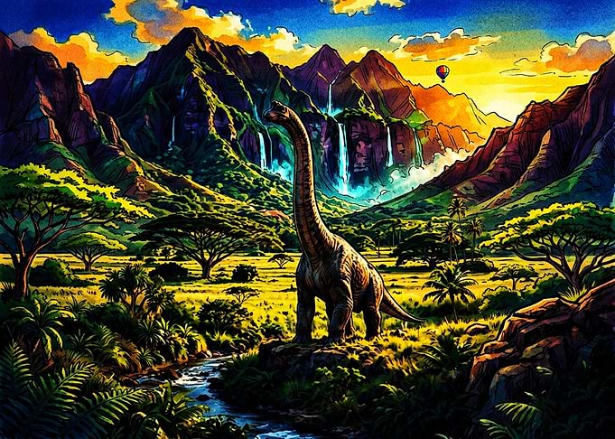 Brachiosaurus in a Lush Prehistoric Valley