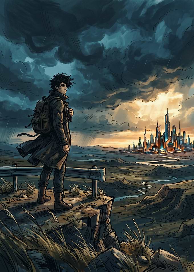 Traveler overlooking a futuristic city