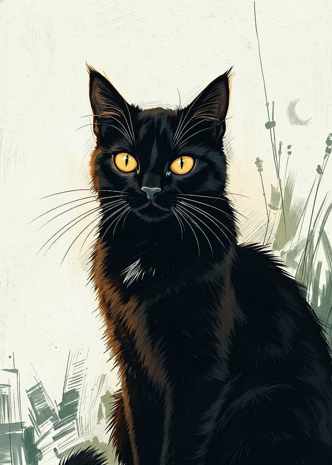 Elegant Black Cat City Silhouette Art