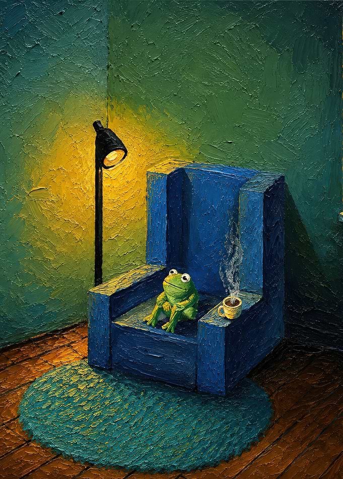 Frog Sitting in Blue Armchair