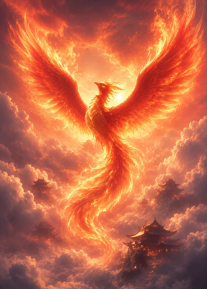 Majestic Phoenix Rising Above Clouds