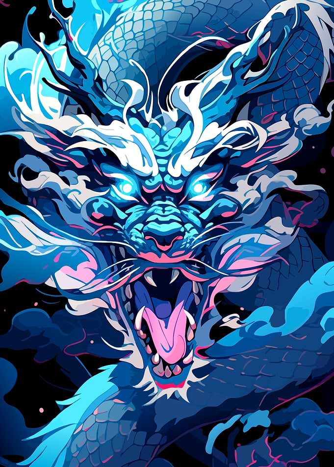 Fierce Blue Neon Dragon Illustration