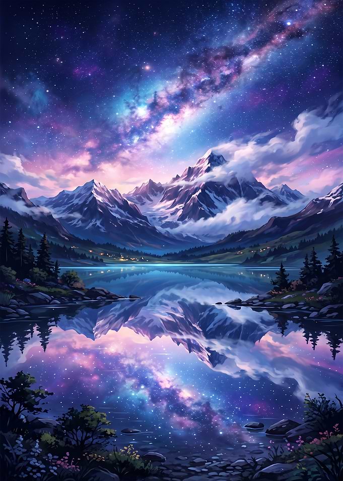 Cosmic Mountain Reflection and Starry Night Lake