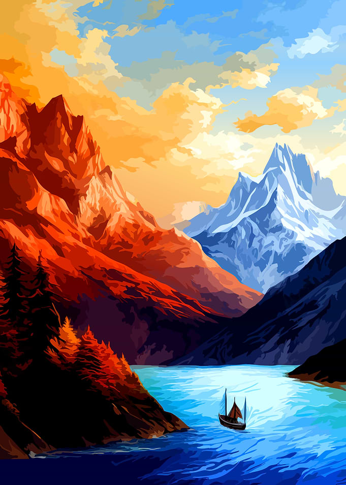 Vibrant Mountain Lake Landscape Painting