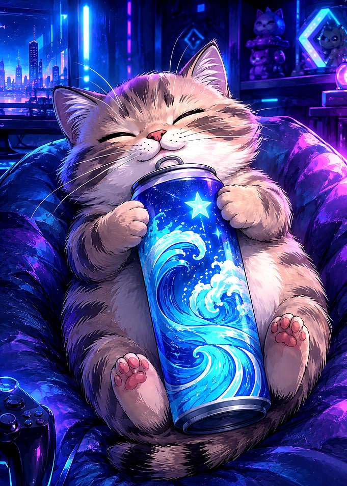 Cute Cat Holding Glowing Energy Drink