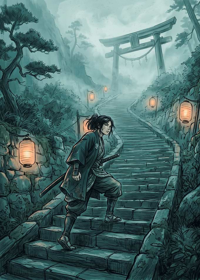Samurai Ascending the Temple Stairs
