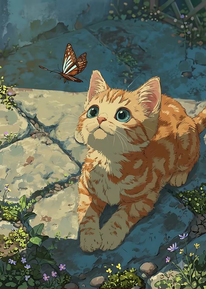 Ginger Kitten Watching a Butterfly