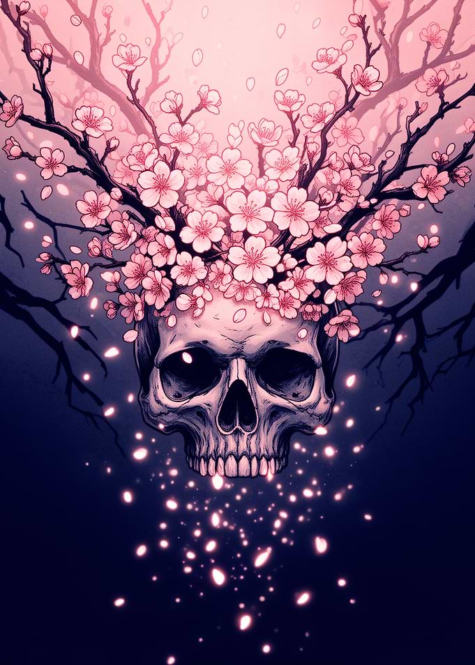 Skull with Cherry Blossom Branches