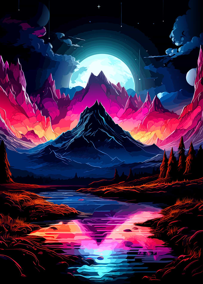 Neon Mountain Landscape Under Full Moon