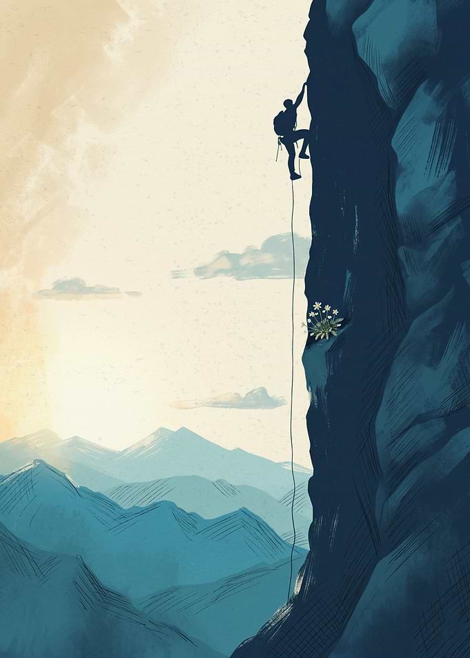 Rock Climber Ascending Steep Mountain Cliff