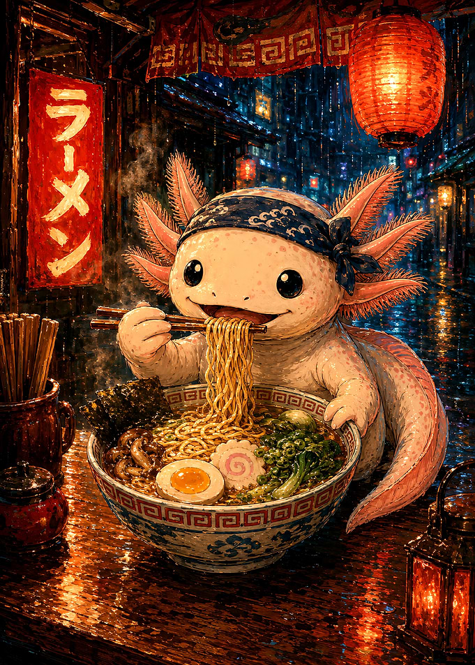 Cute Axolotl Eating Ramen at Night