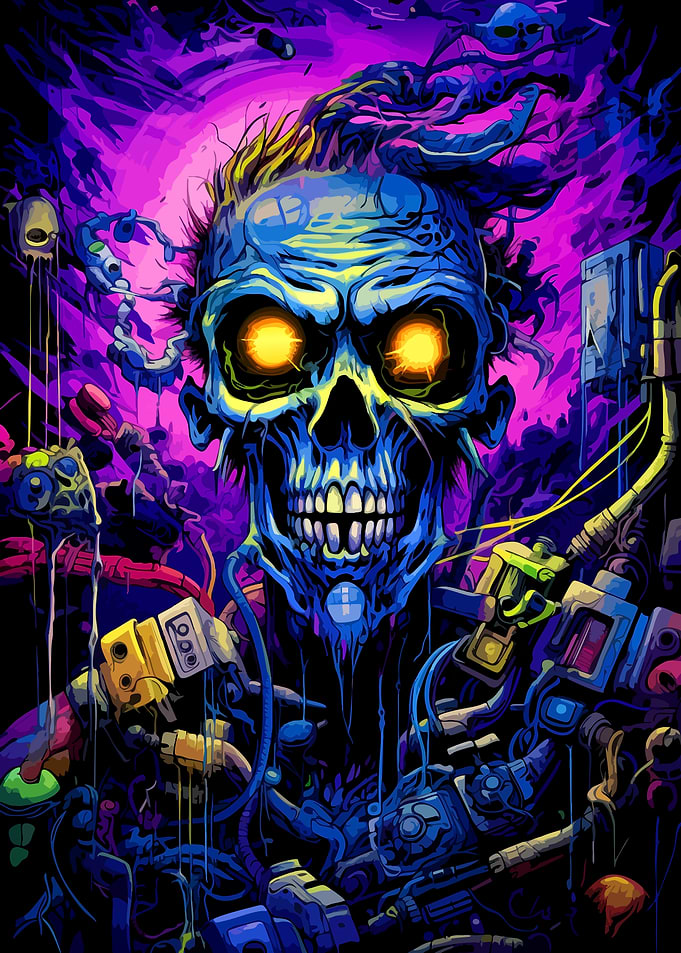 Cybernetic Neon Skull Digital Art