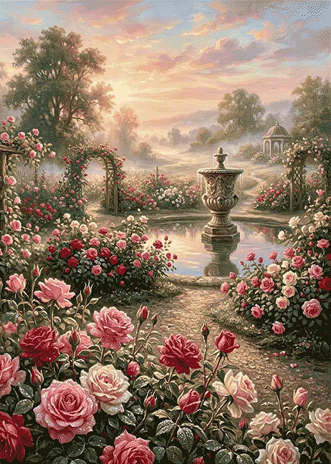 Romantic Rose Garden with Stone Fountain