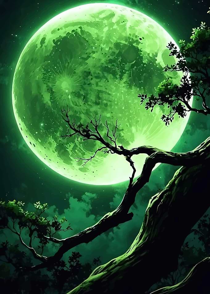 Ethereal Green Full Moon Night