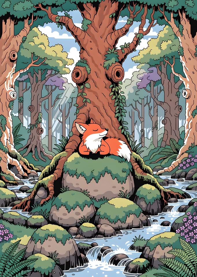 Sleeping Fox Beneath an Ancient Tree — Whimsical Forest Illustration