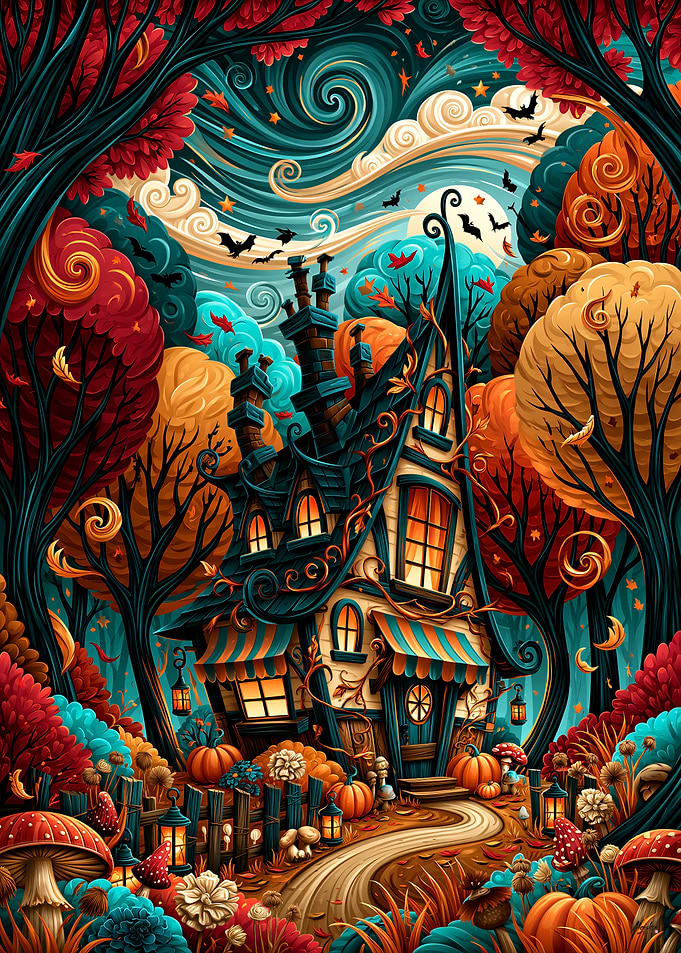 Whimsical Haunted Cottage Autumn Forest