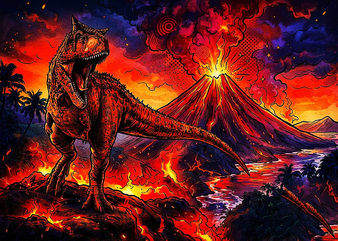 Carnotaurus Roaring Before Volcanic Eruption