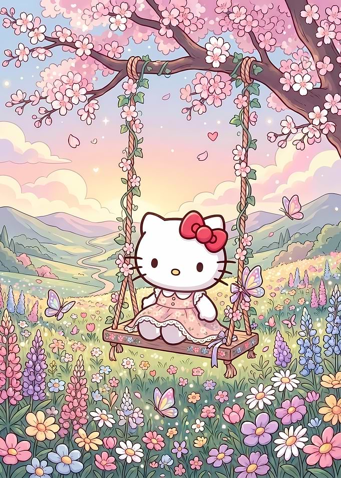 Hello Kitty on a Floral Swing