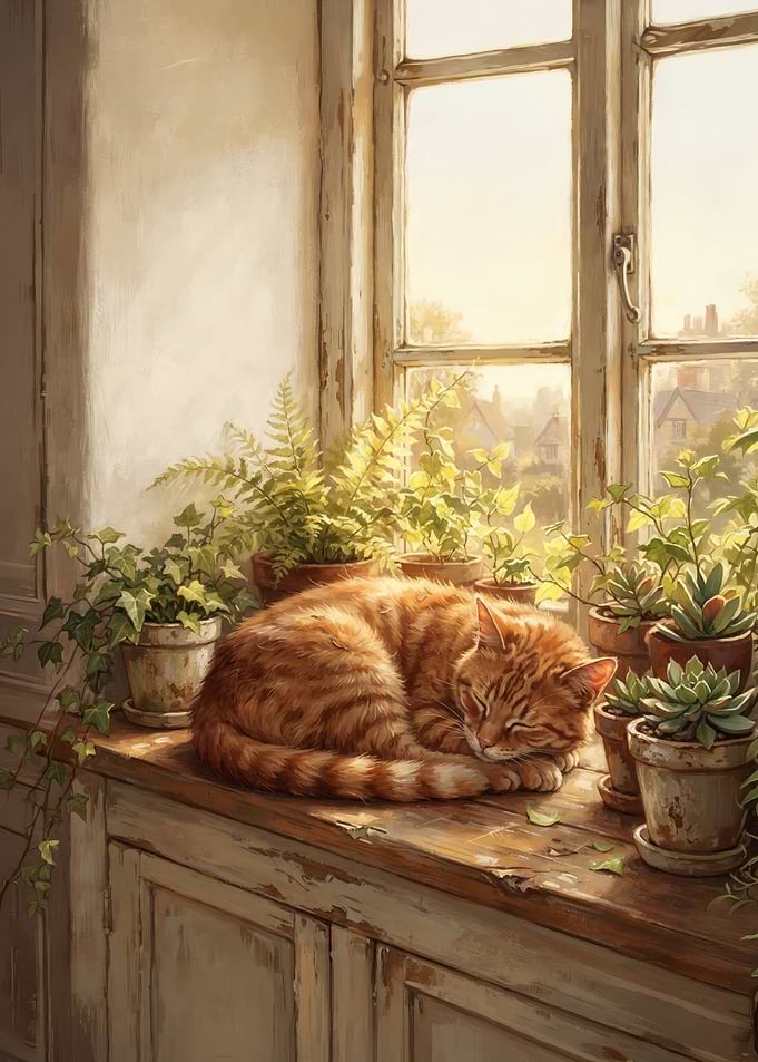 Ginger Cat Sleeping on Window Sill