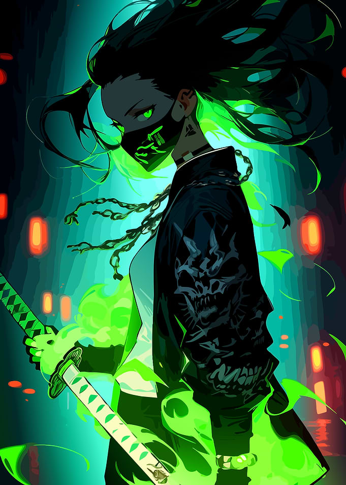 Neon Green Cyberpunk Samurai Warrior
