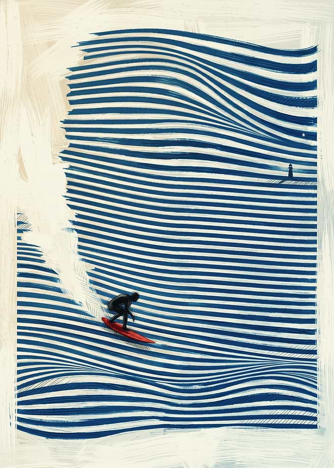 Abstract Blue Striped Wave Surfer Art