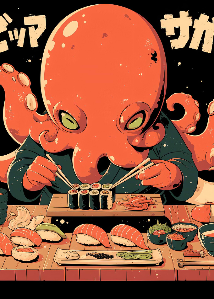 Octopus Eating Sushi Illustration