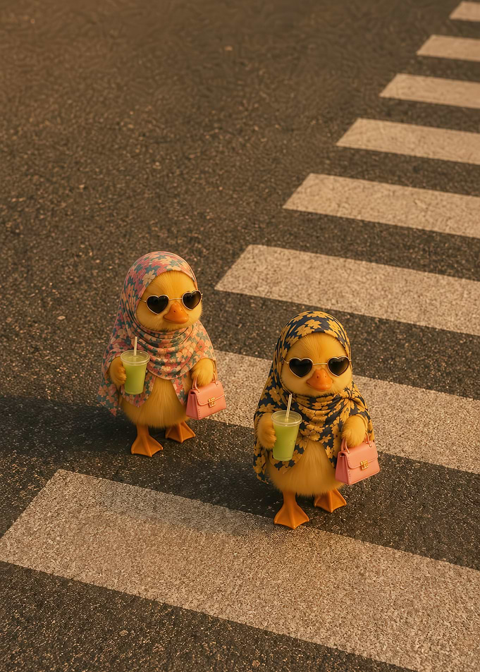 Fashionable Ducklings Crossing the Street