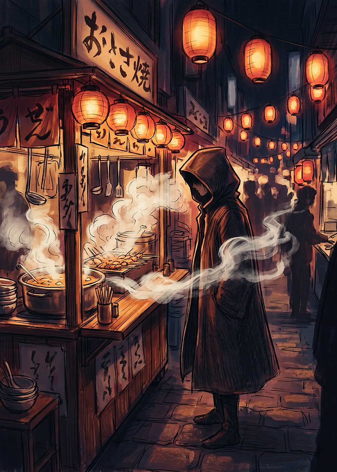 Hooded Figure at Night Street Stall