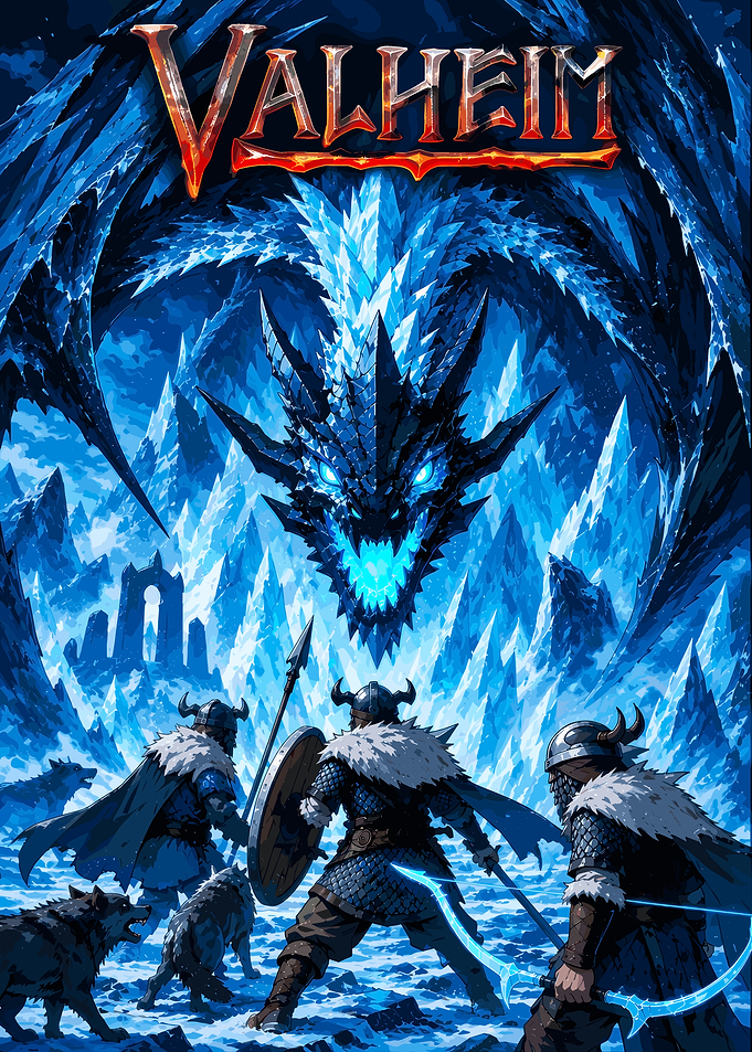 Valheim Viking Warriors Facing Ice Dragon