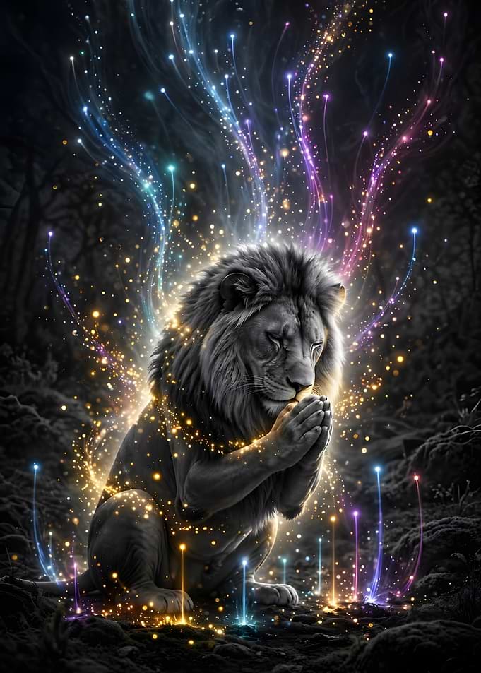 Majestic Lion Praying with Magical Light