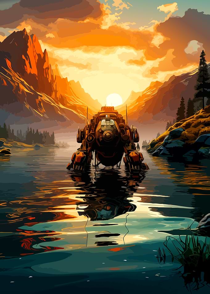 Futuristic Mech in Mountain Lake Sunset
