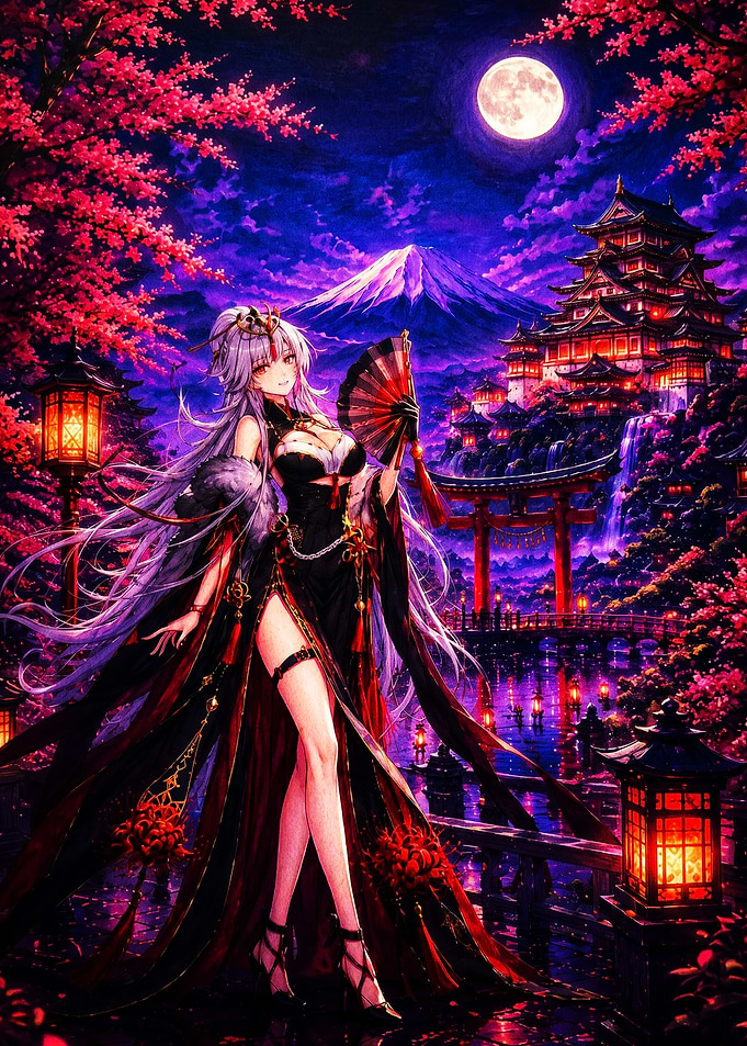 Anime Girl at Japanese Temple Night
