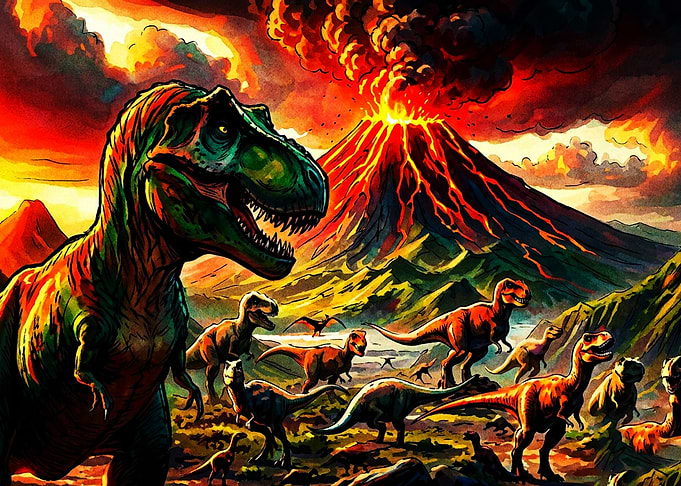 Dinosaurs Fleeing a Volcanic Eruption