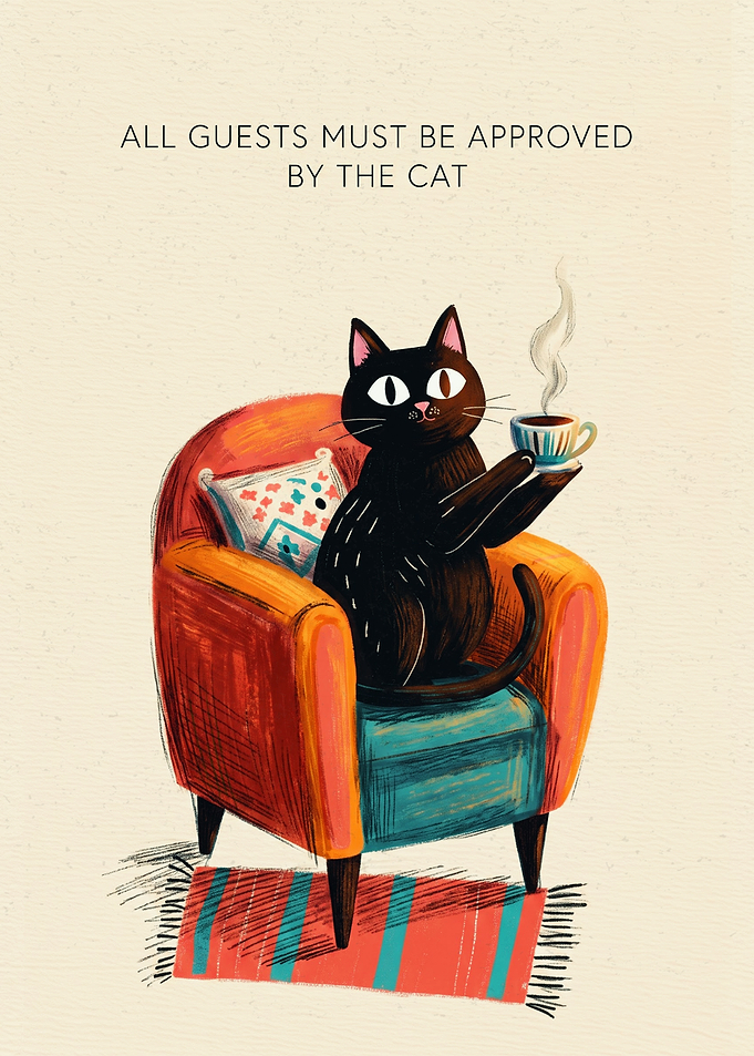 Black Cat Drinking Coffee On Armchair