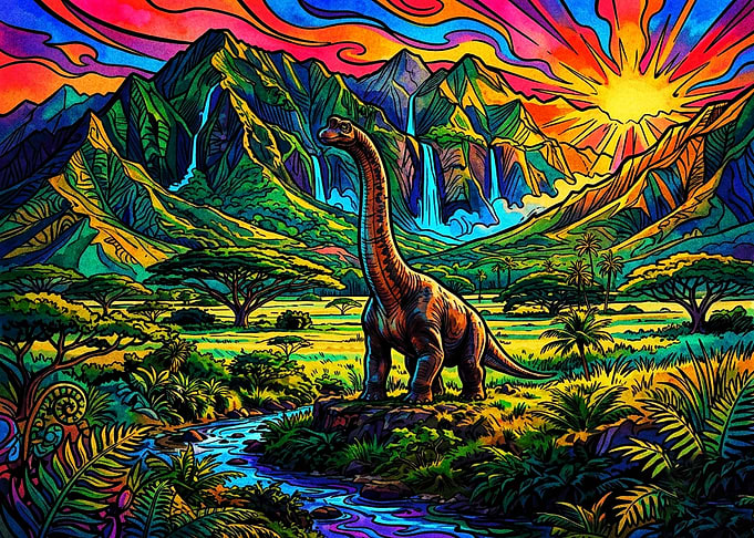 Psychedelic Brachiosaurus in Prehistoric Landscape