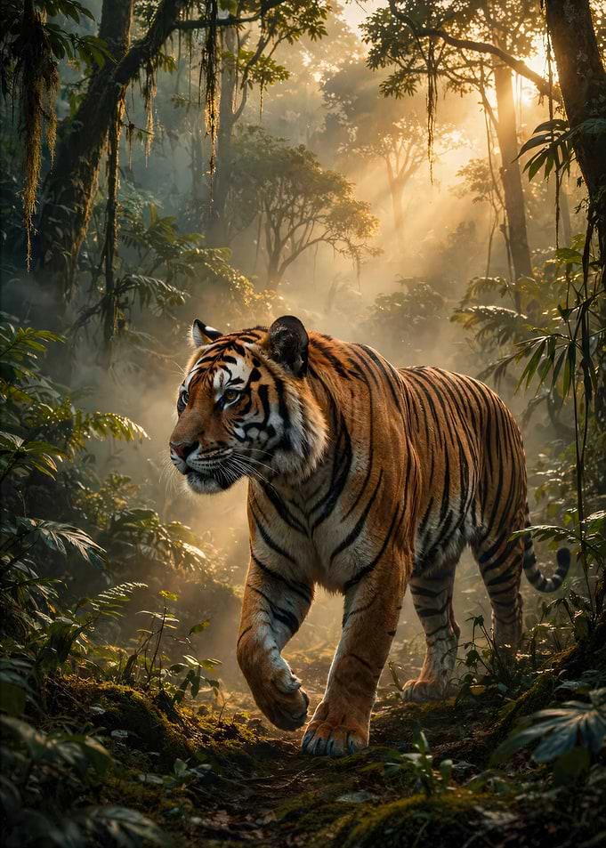 Majestic Tiger Walking Through Misty Jungle