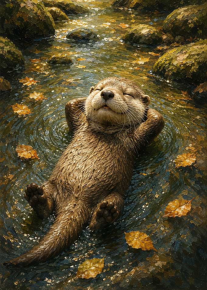 Relaxing Otter Floating in Stream
