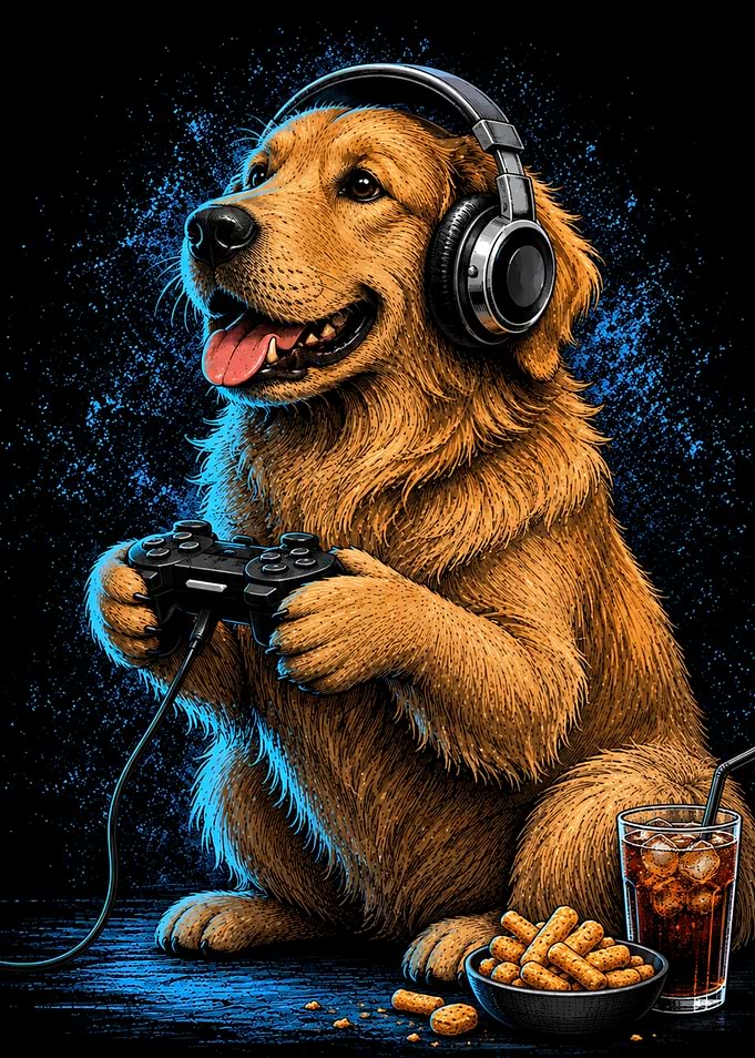 Golden Retriever Gamer with Headphones