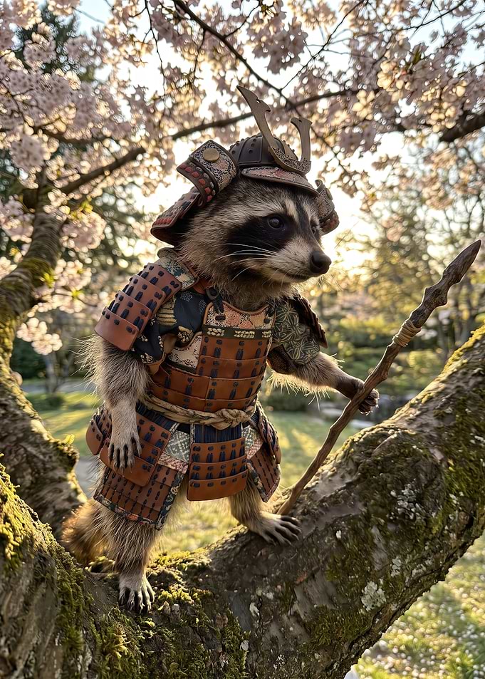 Raccoon Samurai in Cherry Blossom Tree