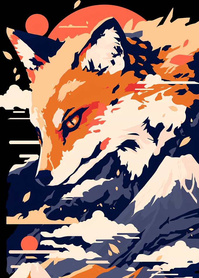 Stylized Fox and Mount Fuji Illustration