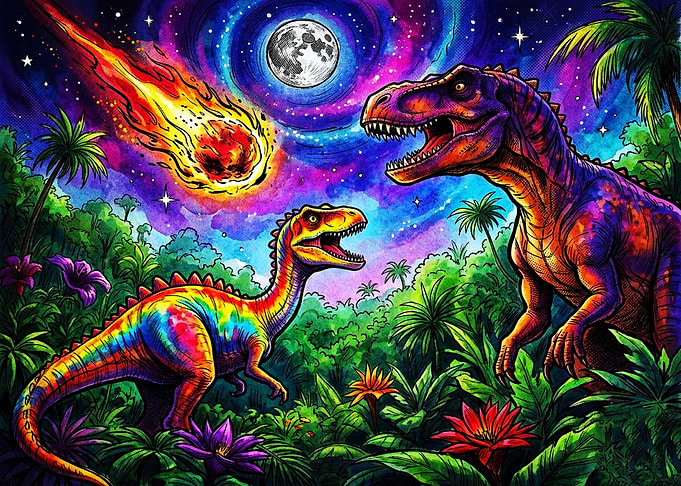 Vibrant Dinosaurs Under Cosmic Meteor Shower